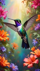 Hummingbird in Flight Among Vibrant Flowers