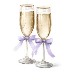 Watercolor champagne glasses: two elegant flutes with sparkling gold bubbles and purple ribbon bow, isolated celebration element