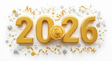 Golden 2026 numbers with a celebratory cupcake replacing the zero, surrounded by festive confetti and streamers