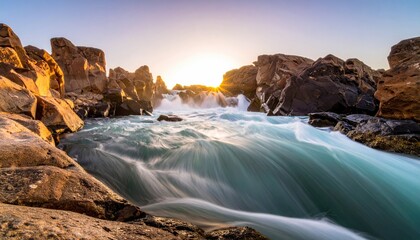 Sunrise rapids; churning water, golden rocks