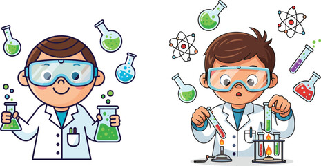 Cartoon young scientists, kids in lab coats, chemistry experiment, STEM education, goggles, bubbling flasks, atomic symbols, vector illustration, science discovery, classroom activity
