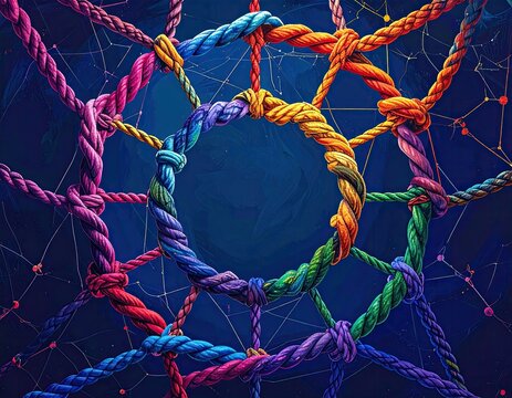 Colorful ropes intertwined in concentric circles, a network of connections on a dark background - Powered by Adobe
