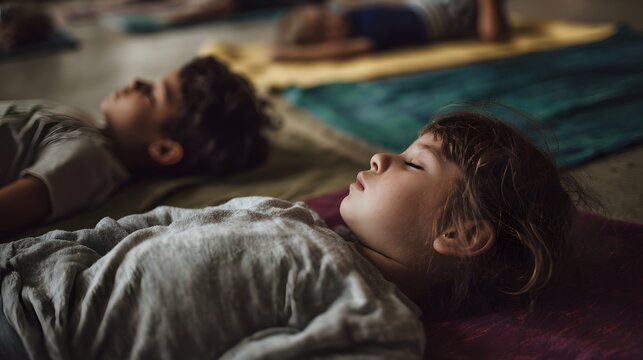 Young children resting peacefully on colorful mats during a quiet indoor session suggesting relaxation and mindfulness