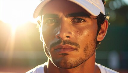 Macro close-up of sweat dripping from a player’s forehead during an intense tennis match, shallow depth of field