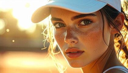Macro close-up of sweat dripping from a player’s forehead during an intense tennis match, shallow depth of field