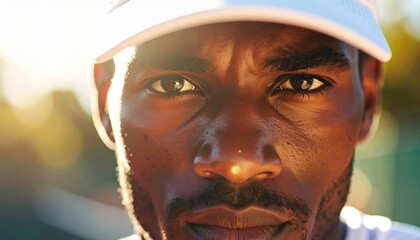 Macro close-up of sweat dripping from a player’s forehead during an intense tennis match, shallow depth of field