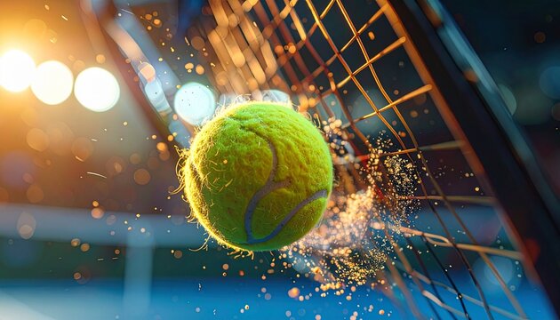 Macro shot of a tennis ball hitting the racket strings in mid-air, motion blur showing impact and vibration