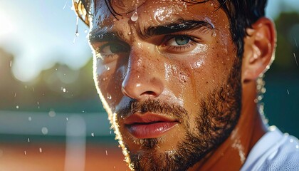 Macro close-up of sweat dripping from a player’s forehead during an intense tennis match, shallow depth of field