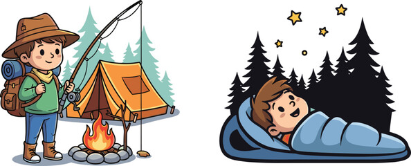 Children camping in forest, fishing and sleeping outdoors, cartoon adventure scene, campfire, tent, pine trees, backpack, sleeping bag, stars