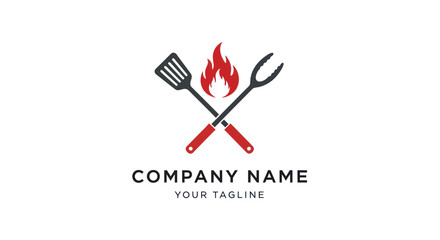 Barbecue grill tools logo with crossed spatula and fork over a flame.