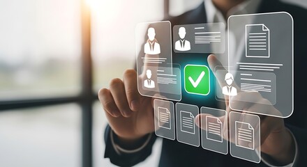 Illustration of businessman using virtual screen to complete online form with green checkmark