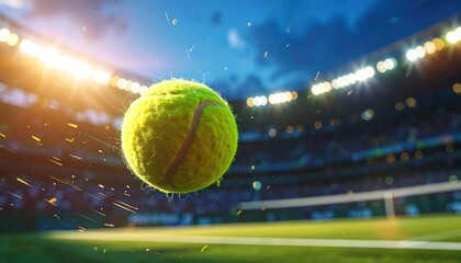 Detailed shot of a tennis ball spinning through the air, visible fuzz and motion trails, stadium lights in the background