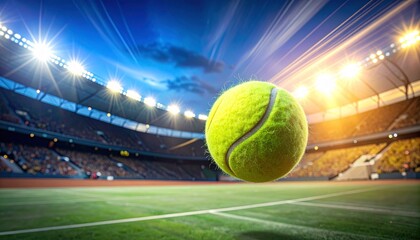 Detailed shot of a tennis ball spinning through the air, visible fuzz and motion trails, stadium lights in the background