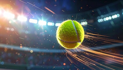 Detailed shot of a tennis ball spinning through the air, visible fuzz and motion trails, stadium lights in the background
