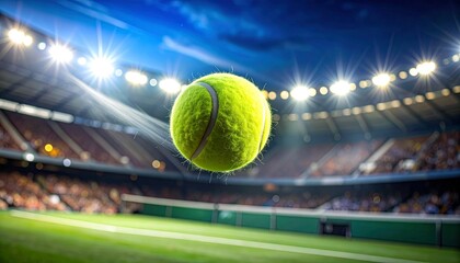 Detailed shot of a tennis ball spinning through the air, visible fuzz and motion trails, stadium lights in the background