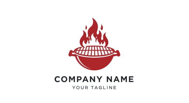 Red barbecue grill logo with hot fire flames icon.
