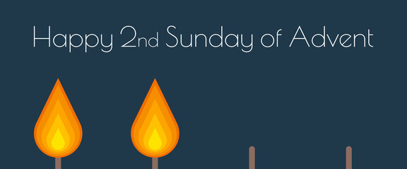 Happy 2nd Sunday of Advent - Schriftzug in englischer Sprache - Schönen 2. Adventssonntag. Minimalistische Adventskarte mit zwei Flammen.