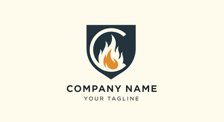 Shield logo with fire flame and company name for branding.
