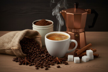 A hot white cup of espresso surrounded by coffee beans spilling from a jute bag, ground coffee, a copper mocha pot, cinnamon sticks, and lump sugar on a wooden table.