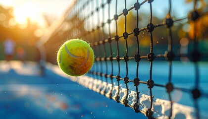 Extreme close-up of the tennis net as a ball brushes against it, shallow focus with bokeh background of the court and players