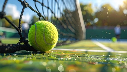 Extreme close-up of the tennis net as a ball brushes against it, shallow focus with bokeh background of the court and players