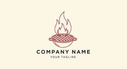 Barbecue Grill with Flames Logo Design.