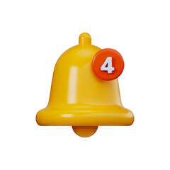 Yellow 3D notification bell, 4 new notifications. 