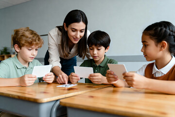 Elementary Teacher Helping Students with Flashcards for Cognitive and Logic Skill Development in Classroom Learning. copy space 