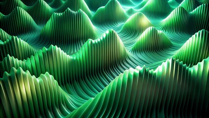 3d illustration of abstract 3d landscape with undulating green hills and valleys, illuminated by soft light, creating a surreal and organic texture
