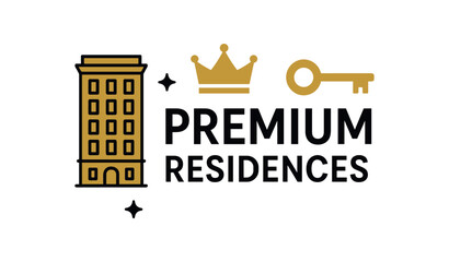 Fototapeta premium Flat vector banner design text PREMIUM RESIDENCES supporting icons of elegant building crown and key black and gold palette isolated on white marketing approved bright palette with balanced
