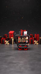 Black Friday scene with a shopping cart full of black and red gifts, surrounded by presents and percentage symbols on a dark background in 3D illustration