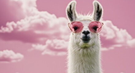 Obraz premium Llama Wearing Pink Sunglasses Against Pink Cloudy Sky Background