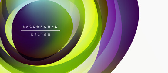 Abstract colorful layers create dynamic circular design. Vibrant hues blend, forming modern background element. Smooth gradients suggest movement.