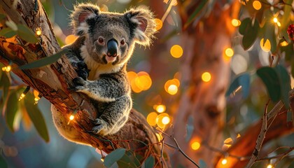 Koala Bear on Eucalyptus Branch with Festive Lights