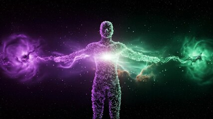 Digital man figure with energy beams extending from hands. Visualization of meditation, chakra balancing, and spiritual healing process. Footage. - Powered by Adobe