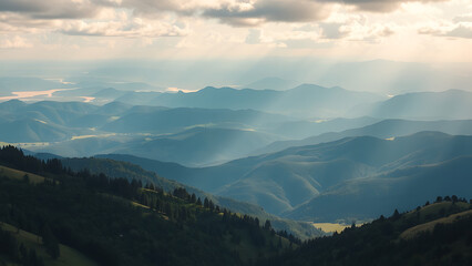 Misty mountain landscape with sun rays breaking through clouds, creating an ethereal and tranquil atmosphere, evoking a sense of mystery and natural beauty at dawn