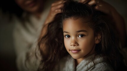 A loving mother gently brushes her young daughter s long curly dark hair indoors creating a moment of tender connection