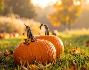 Two pumpkins in autumnal grass