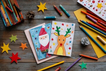 Handmade Christmas cards featuring colorful drawings of Santa Claus and a reindeer, surrounded by art supplies, creating a festive and creative atmosphere for holiday crafting