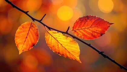 Autumn leaves on a branch, warm light