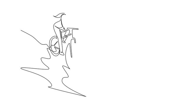 Animated self drawing of continuous one line drawing a woman riding a trail bike down a hill with mountains in the background. Relying on extra focus. Biker. National Trails Day. Full length animation