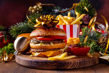 Christmas burger and french fries delivery menu