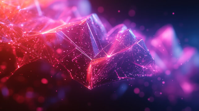 Abstract digital network with glowing lines and dots in vibrant colors. This futuristic design features complex network of interconnected nodes and lines, creating sense of technological advancement