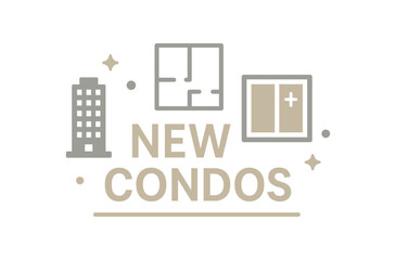 Flat vector banner design text NEW CONDOS supporting icons of tower plan and window silver and beige palette isolated on white marketing approved bright palette with balanced saturation