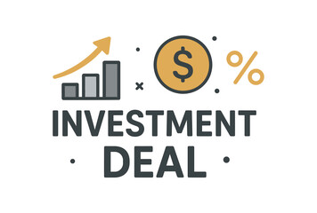 Flat vector banner design text INVESTMENT DEAL supporting icons of chart coin and percent gray and gold tones isolated on white marketing approved bright palette with balanced saturation