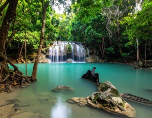 Lush waterfall cascading into turquoise pool, surrounded by dense jungle (6)