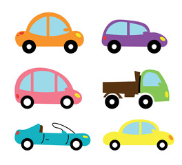 Set of cute cars in cartoon style. Vector illustration of children's toy cars, trucks, convertible in different colors: orange, purple, pink, green, blue, yellow isolated on a white background.