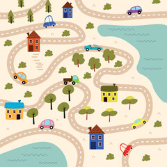 Vector illustration of a top view of a children's landscape with a maze of roads, streets.Cartoon scene of a beautiful local landscape with a curved road, cars, houses, trees, bushes,fir trees,rivers.