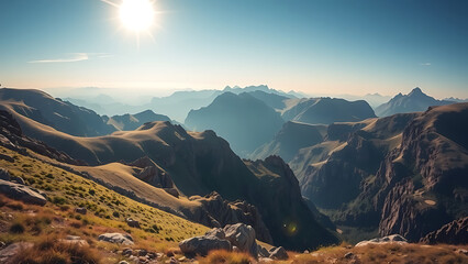 Fototapeta premium Panoramic view of a vast canyon with dramatic rock formations and a winding river below, illuminated by golden hour light, conveying the grandeur of ancient nature