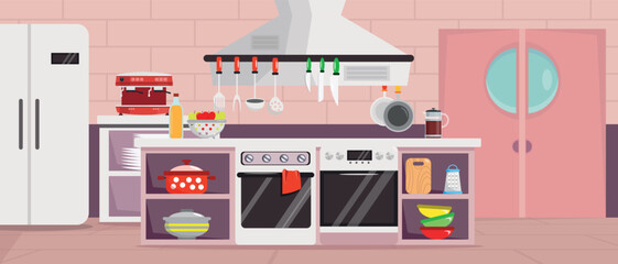 Vector illustration of restaurant kitchen. Cartoon scene of kitchen equipment: tables, gas stoves, refrigerator, hood, coffee maker, dishes: plates, pans, pots, forks, spoons, knives, board, grater.